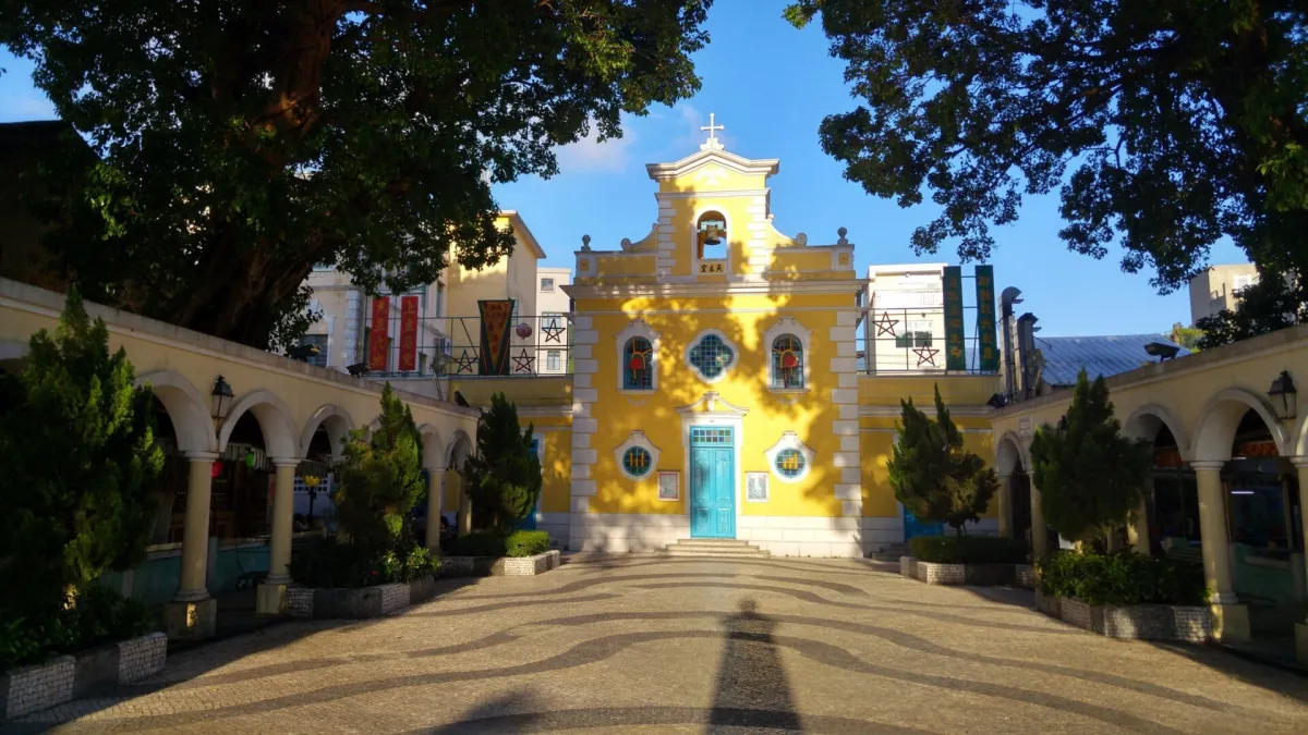 路环圣方济各圣堂黄色外墙和棕榈树